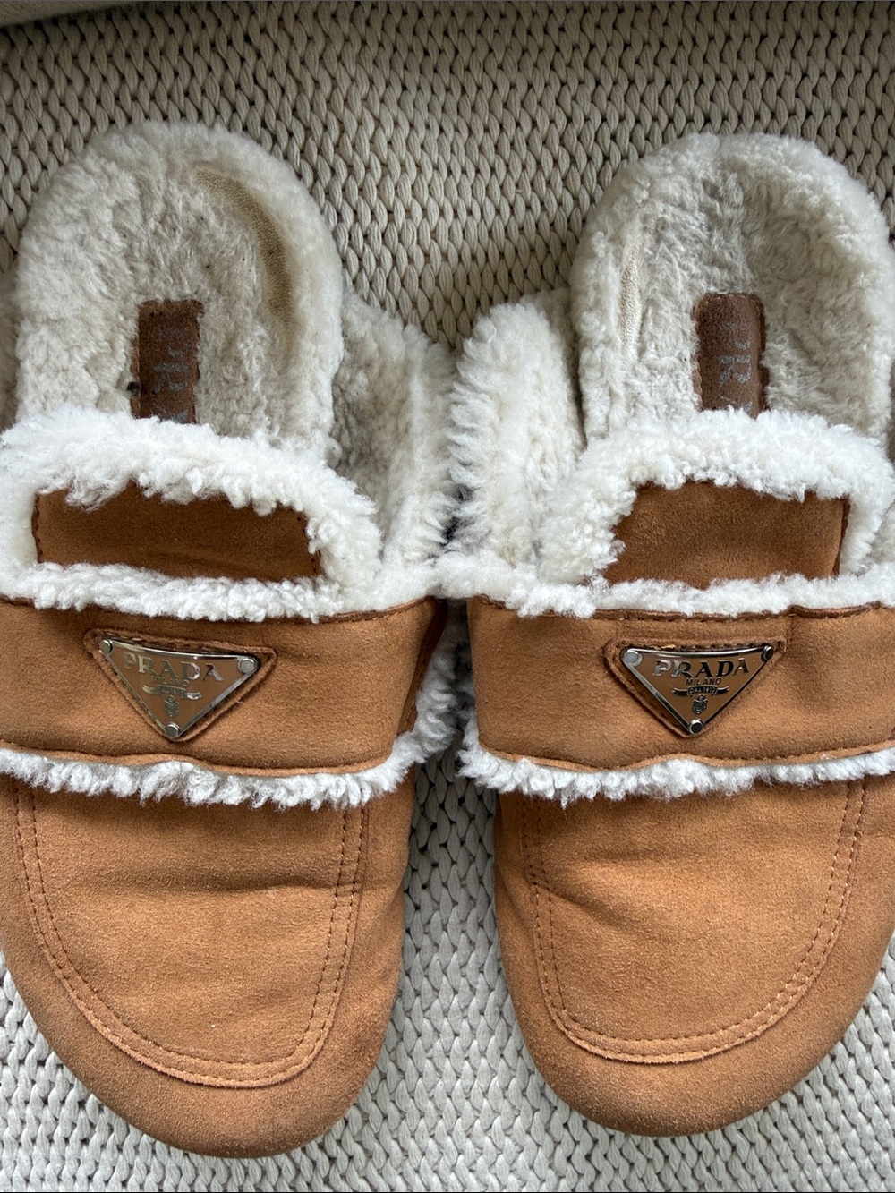 Prada Tan Suede Slip-On Mules with White Shearling Trim - Picture 2 of 4